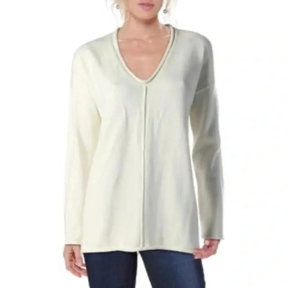 BCBGMAXAZRIA | Roll Trim Cotton V-Neck Ivory Pullover Sweater Size XS - Picture 7 of 7
